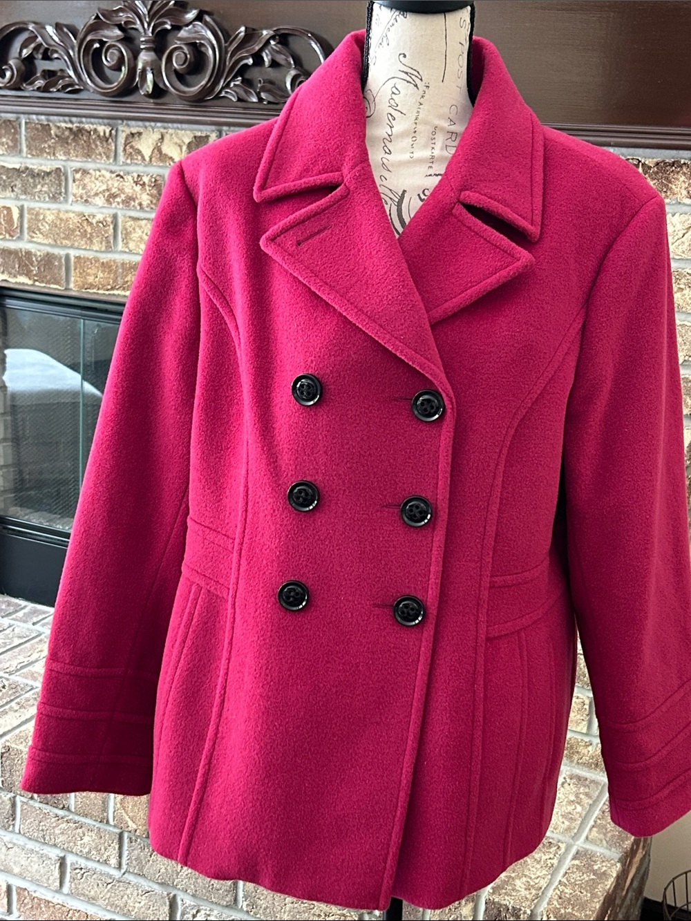 Women's Double-Breasted Pea Coat Fuchsia Pink Extra Large